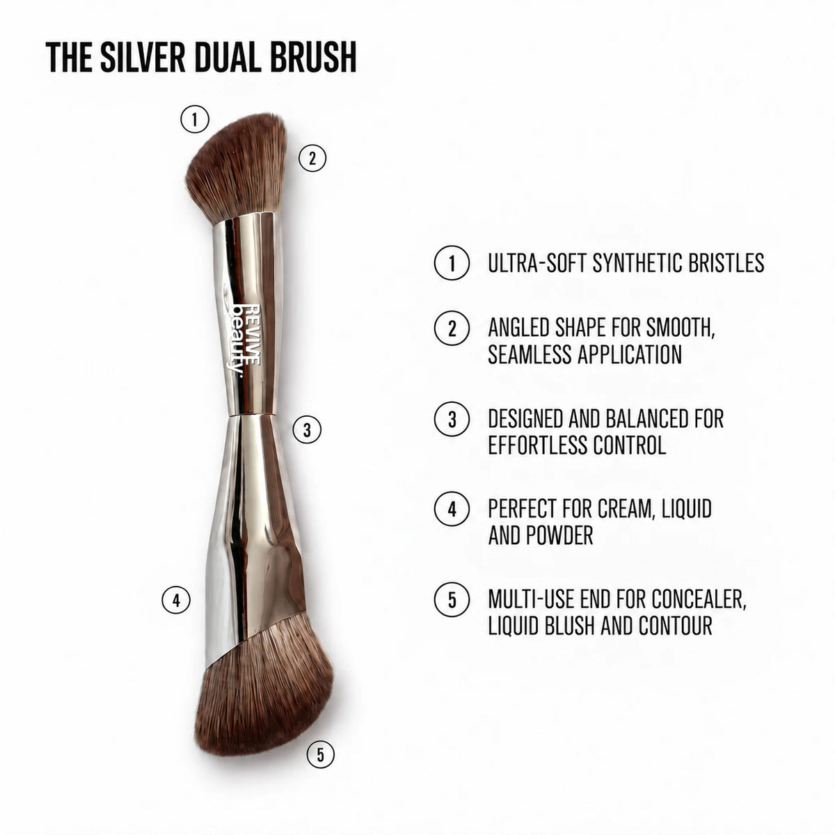 Revive Beauty Silver Dual Brush with a shiny silver handle and two angled synthetic brush heads. Labels: ultra-soft synthetic bristles, angled shape for smooth, seamless application, designed and balanced for effortless control, perfect for cream, liquid and powder, multi-use end for concealer, liquid blush and contour.